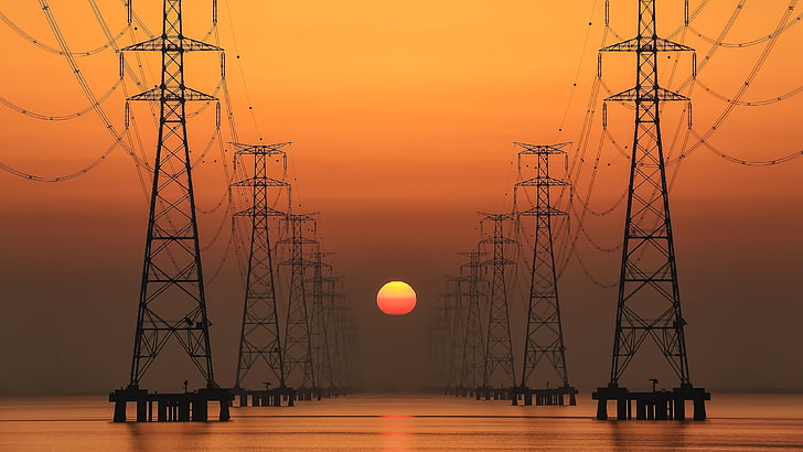 sunrise-electric-pole-electricity-sky-wallpaper-preview